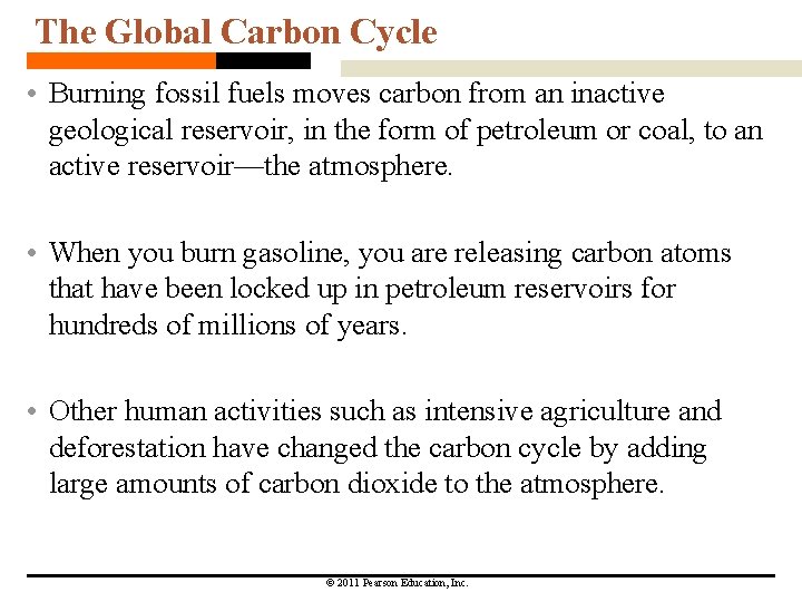 The Global Carbon Cycle • Burning fossil fuels moves carbon from an inactive geological