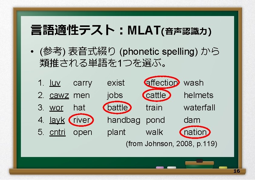 言語適性テスト：MLAT(音声認識力) • (参考) 表音式綴り (phonetic spelling) から 類推される単語を 1つを選ぶ。 1. 2. 3. 4. 5.