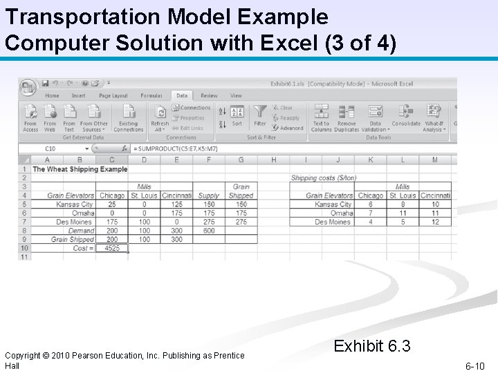 Transportation Model Example Computer Solution with Excel (3 of 4) Copyright © 2010 Pearson