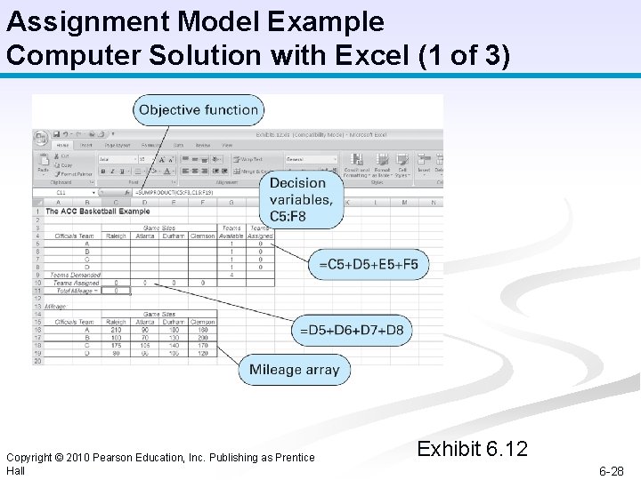 Assignment Model Example Computer Solution with Excel (1 of 3) Copyright © 2010 Pearson