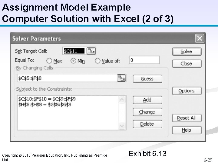 Assignment Model Example Computer Solution with Excel (2 of 3) Copyright © 2010 Pearson