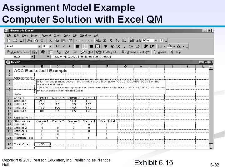 Assignment Model Example Computer Solution with Excel QM Copyright © 2010 Pearson Education, Inc.