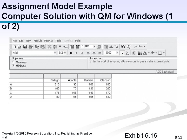 Assignment Model Example Computer Solution with QM for Windows (1 of 2) Copyright ©