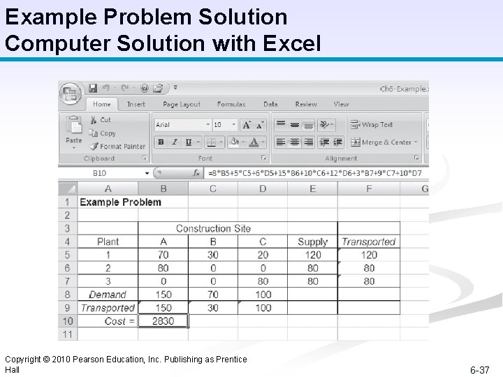 Example Problem Solution Computer Solution with Excel Copyright © 2010 Pearson Education, Inc. Publishing