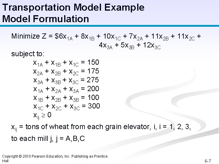 Transportation Model Example Model Formulation Minimize Z = $6 x 1 A + 8