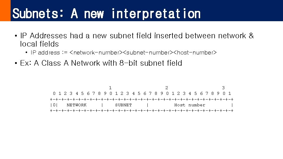 Subnets: A new interpretation • IP Addresses had a new subnet field inserted between