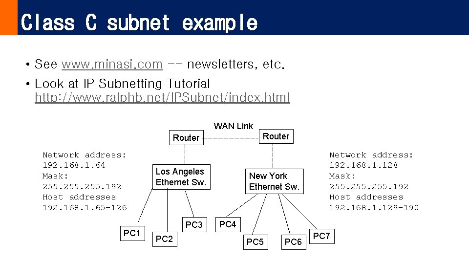 Class C subnet example • See www. minasi. com -- newsletters, etc. • Look