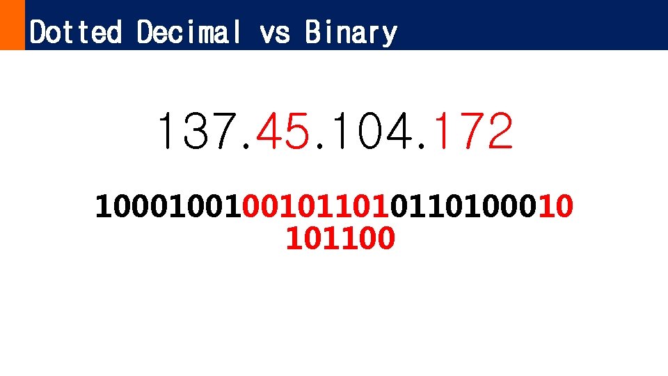 Dotted Decimal vs Binary 137. 45. 104. 172 100010010010110100010 101100 