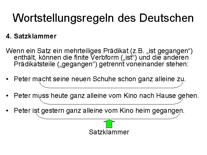 Wortstellungsregeln des Deutschen 4. Satzklammer Wenn ein Satz ein mehrteiliges Prädikat (z. B. „ist
