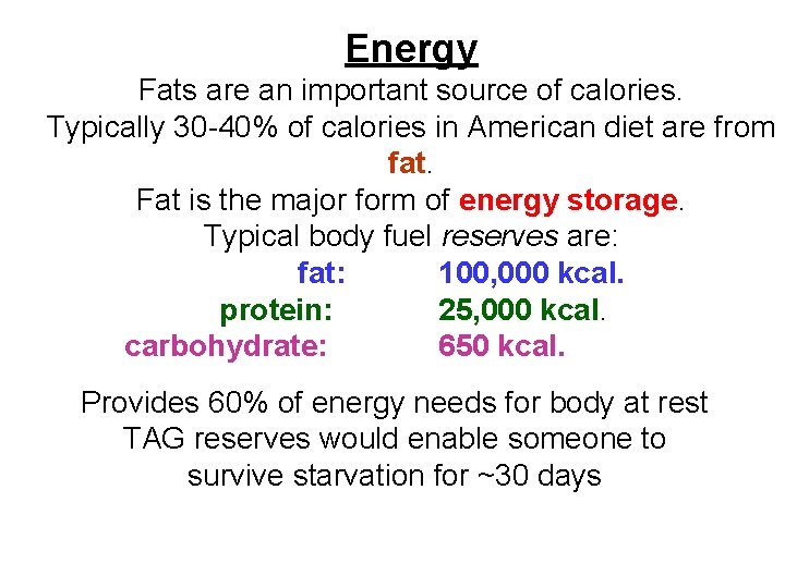 Energy Fats are an important source of calories. Typically 30 -40% of calories in