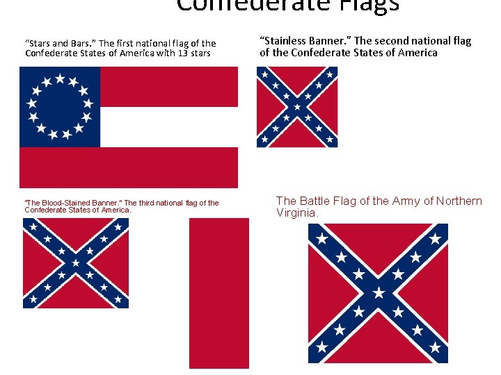 Confederate Flags “Stars and Bars. ” The first national flag of the Confederate States