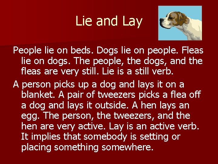 Lie and Lay People lie on beds. Dogs lie on people. Fleas lie on