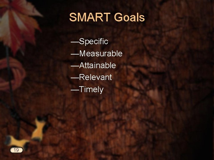 SMART Goals —Specific —Measurable —Attainable —Relevant —Timely 19 