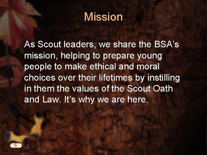 Mission As Scout leaders, we share the BSA’s mission, helping to prepare young people