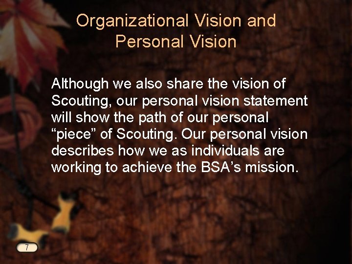 Organizational Vision and Personal Vision Although we also share the vision of Scouting, our
