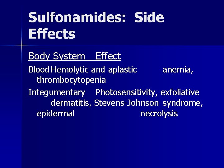 Sulfonamides: Side Effects Body System Effect Blood Hemolytic and aplastic anemia, thrombocytopenia Integumentary Photosensitivity,