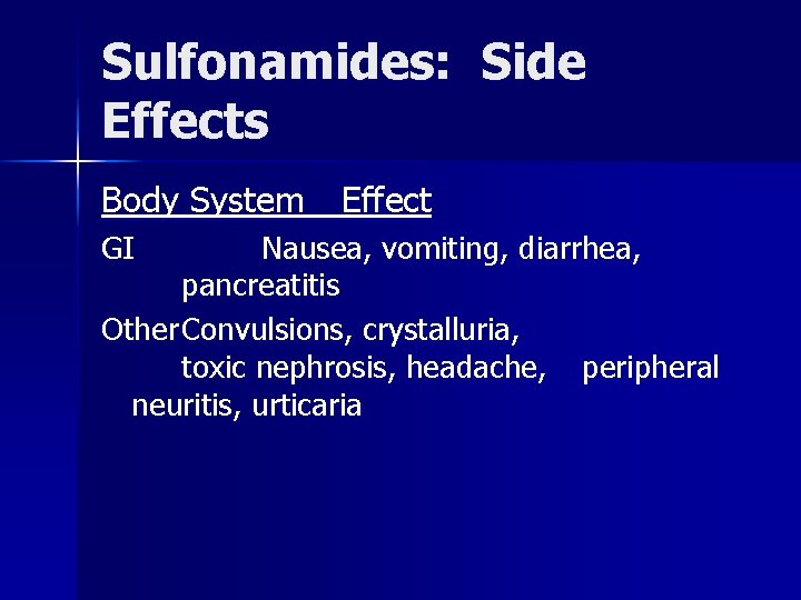 Sulfonamides: Side Effects Body System GI Effect Nausea, vomiting, diarrhea, pancreatitis Other Convulsions, crystalluria,