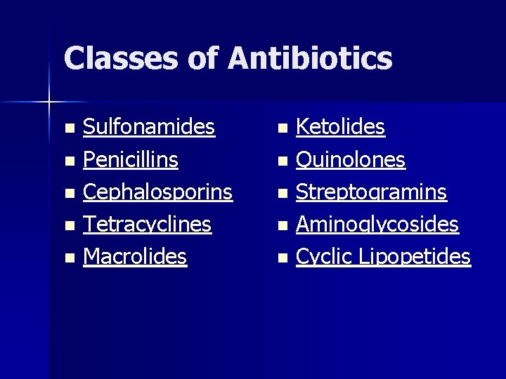 Classes of Antibiotics Sulfonamides n Penicillins n Cephalosporins n Tetracyclines n Macrolides n Ketolides