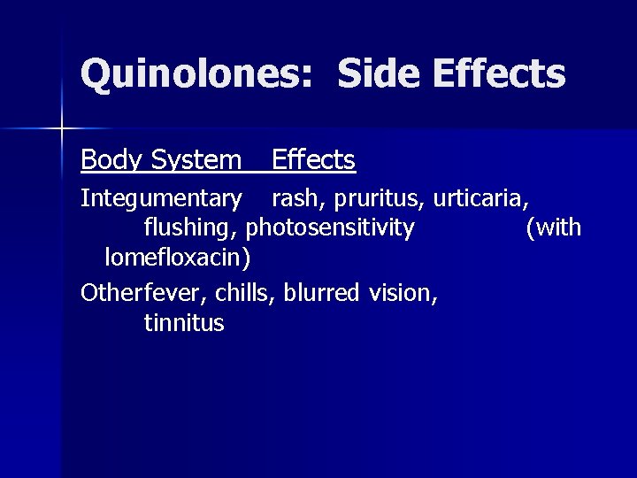 Quinolones: Side Effects Body System Effects Integumentary rash, pruritus, urticaria, flushing, photosensitivity (with lomefloxacin)