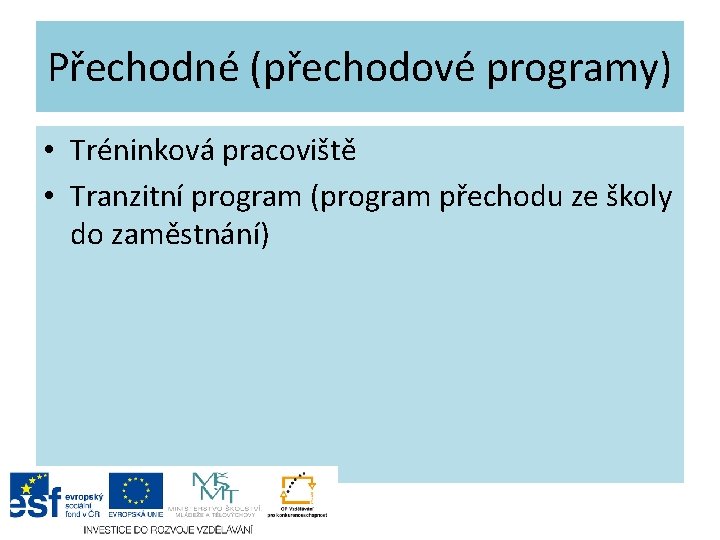 Přechodné (přechodové programy) • Tréninková pracoviště • Tranzitní program (program přechodu ze školy do