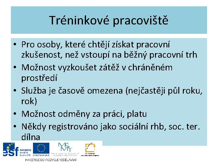 Tréninkové pracoviště • Pro osoby, které chtějí získat pracovní zkušenost, než vstoupí na běžný