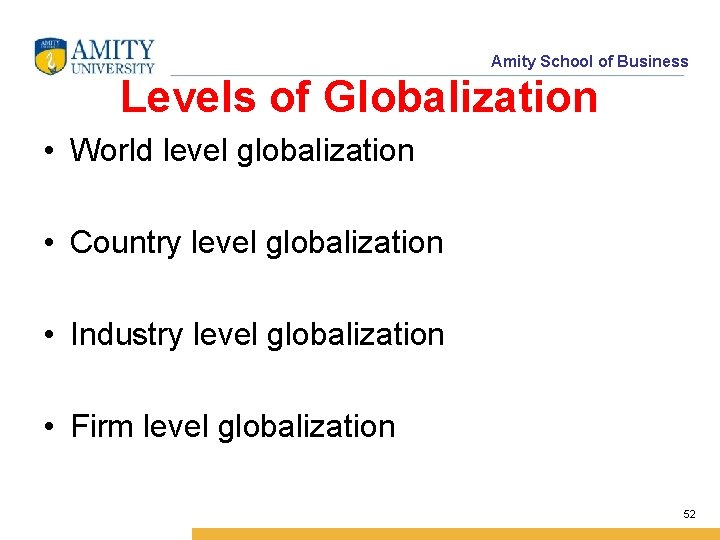 Amity School of Business Levels of Globalization • World level globalization • Country level
