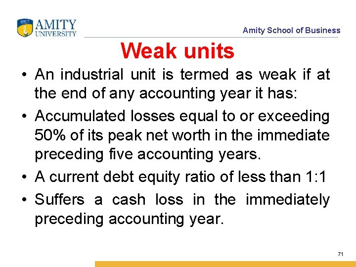 Amity School of Business Weak units • An industrial unit is termed as weak