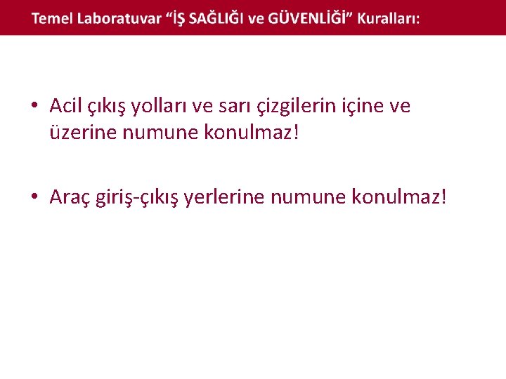  • Acil çıkış yolları ve sarı çizgilerin içine ve üzerine numune konulmaz! •