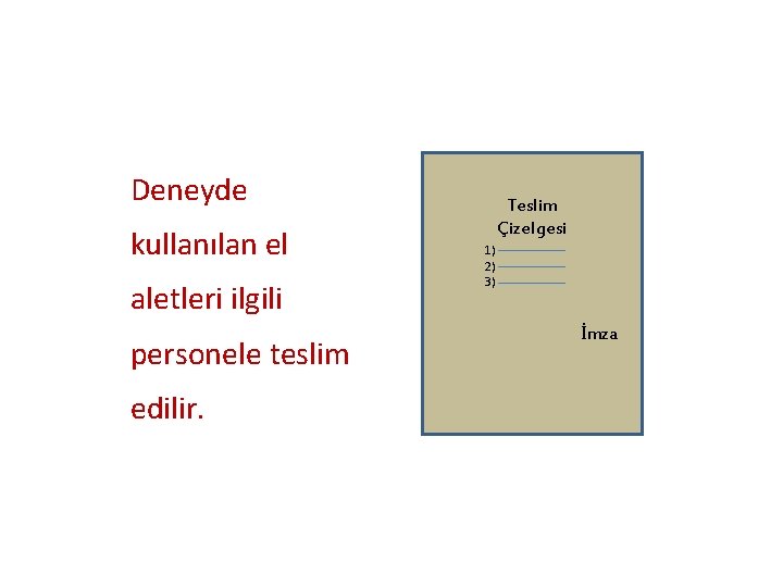 Deneyde kullanılan el aletleri ilgili personele teslim edilir. Teslim Çizelgesi 1) 2) 3) İmza