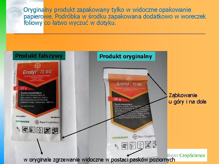 Oryginalny produkt zapakowany tylko w widoczne opakowanie papierowe. Podróbka w środku zapakowana dodatkowo w