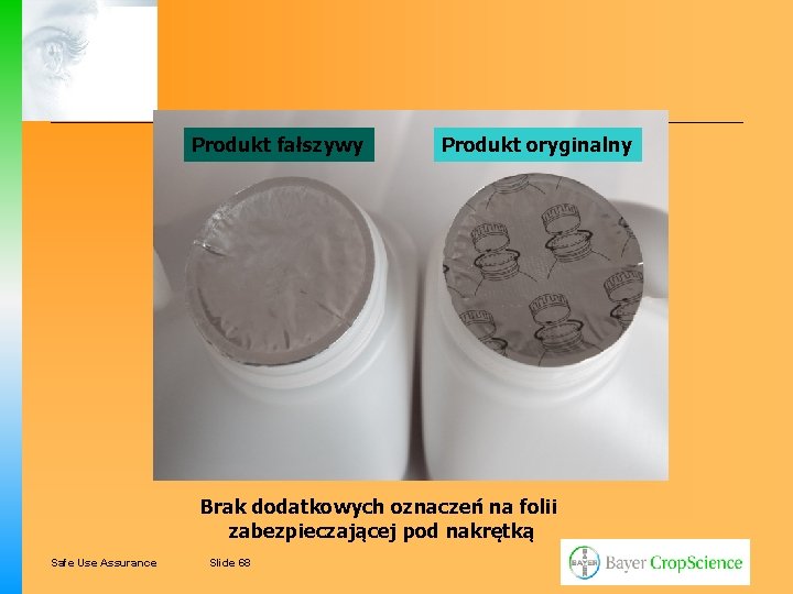 Produkt fałszywy Produkt oryginalny Brak dodatkowych oznaczeń na folii zabezpieczającej pod nakrętką Safe Use