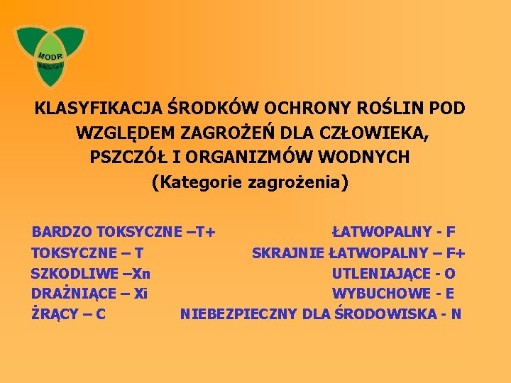 KLASYFIKACJA ŚRODKÓW OCHRONY ROŚLIN POD WZGLĘDEM ZAGROŻEŃ DLA CZŁOWIEKA, PSZCZÓŁ I ORGANIZMÓW WODNYCH (Kategorie