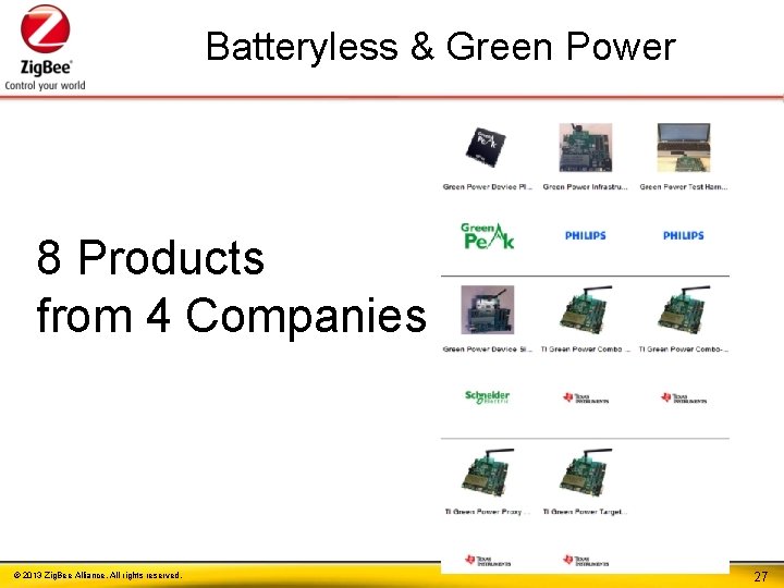 Batteryless & Green Power 8 Products from 4 Companies © 2013 Zig. Bee Alliance.