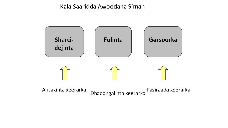 Kala Saaridda Awoodaha Siman Sharcidejinta Ansaxinta xeerarka Fulinta Dhaqangalinta xeerarka Garsoorka Fasiraada xeerarka 