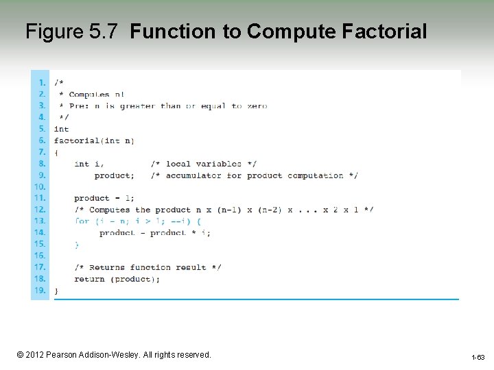 Figure 5. 7 Function to Compute Factorial 1 -63 © 2012 Pearson Addison-Wesley. All