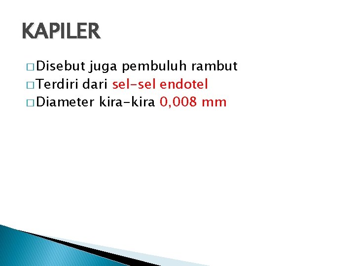 KAPILER � Disebut juga pembuluh rambut � Terdiri dari sel-sel endotel � Diameter kira-kira