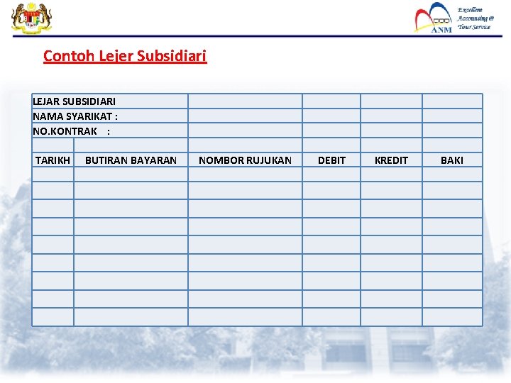 Contoh Lejer Subsidiari LEJAR SUBSIDIARI NAMA SYARIKAT : NO. KONTRAK : TARIKH BUTIRAN BAYARAN