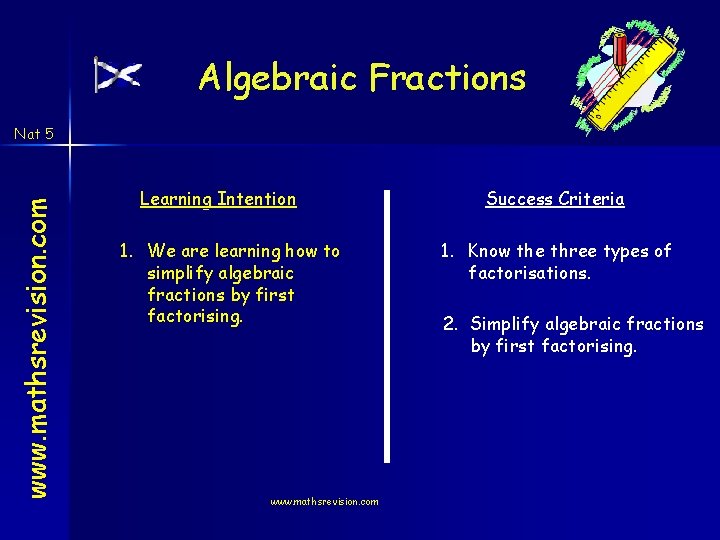 Algebraic Fractions www. mathsrevision. com Nat 5 Learning Intention 1. We are learning how