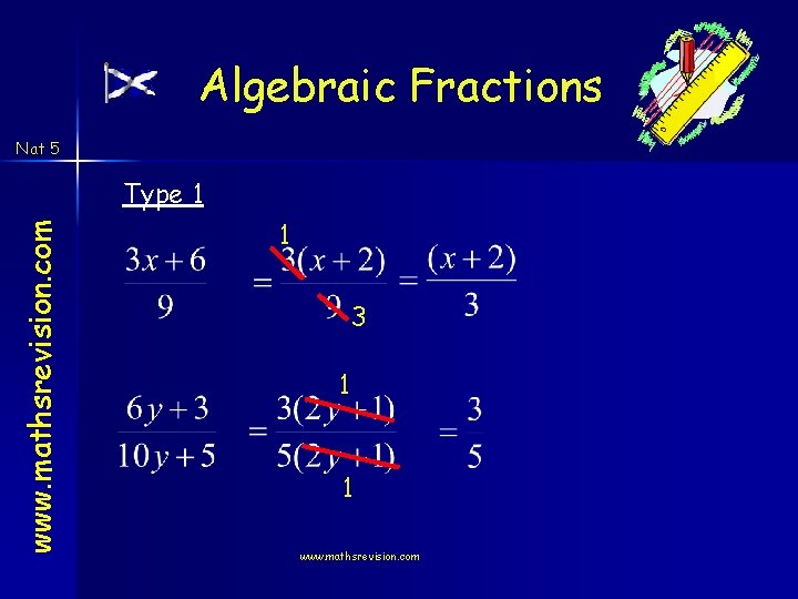 Algebraic Fractions Nat 5 www. mathsrevision. com Type 1 1 3 1 1 www.