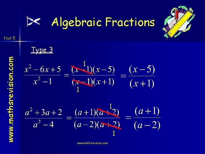 Algebraic Fractions Nat 5 www. mathsrevision. com Type 3 1 1 www. mathsrevision. com