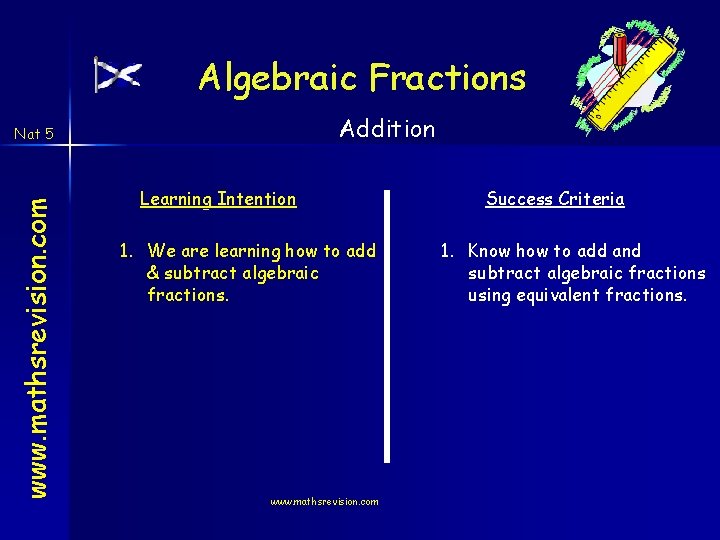 Algebraic Fractions Addition www. mathsrevision. com Nat 5 Learning Intention 1. We are learning