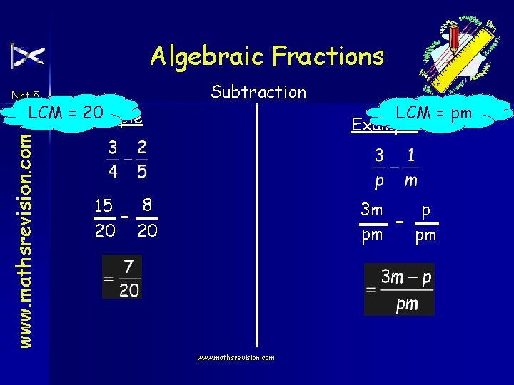 Algebraic Fractions Nat 5 www. mathsrevision. com LCM =Example 20 15 20 - Subtraction