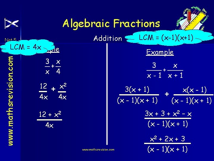 Algebraic Fractions Addition Nat 5 www. mathsrevision. com LCM = Example 4 x 12
