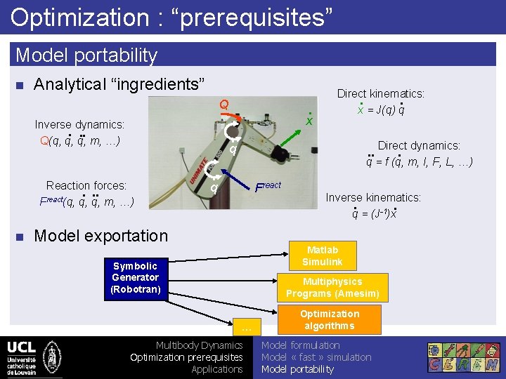 Optimization : “prerequisites” Model portability n Analytical “ingredients” Q Inverse dynamics: . . .