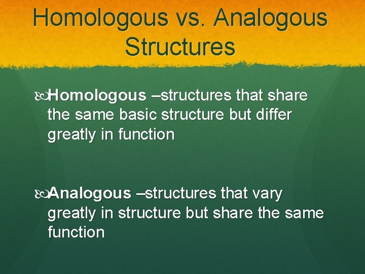 Homologous vs. Analogous Structures Homologous –structures that share the same basic structure but differ