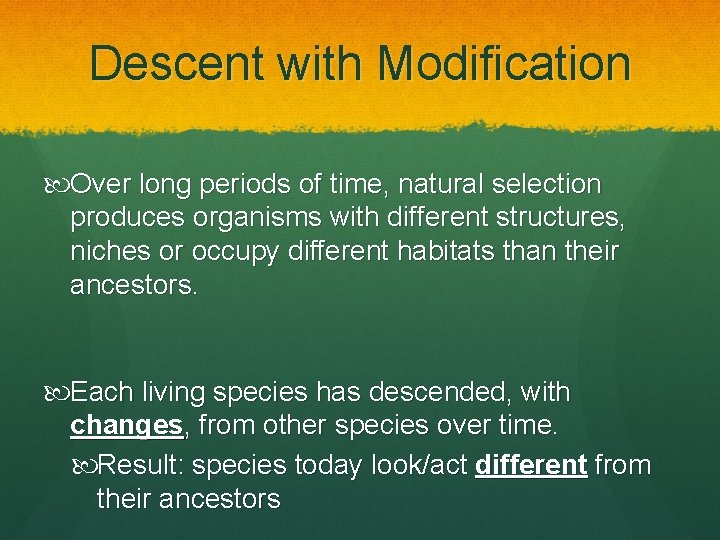 Descent with Modification Over long periods of time, natural selection produces organisms with different