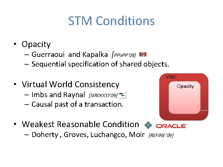 STM Conditions • Opacity – Guerraoui and Kapalka [PPo. PP’ 08] – Sequential specification