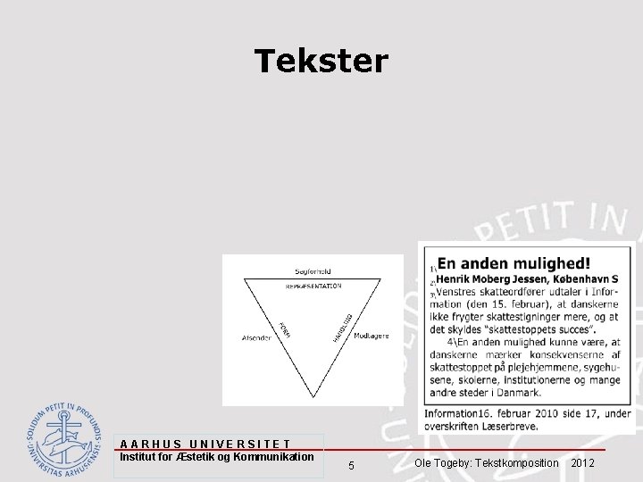 Tekster AARHUS UNIVERSITET Institut for Æstetik og Kommunikation 5 Ole Togeby: Tekstkomposition 2012 