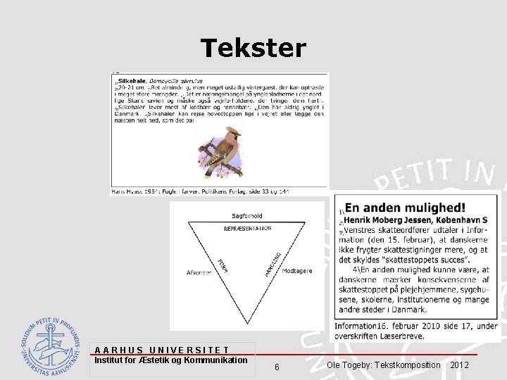 Tekster AARHUS UNIVERSITET Institut for Æstetik og Kommunikation 6 Ole Togeby: Tekstkomposition 2012 