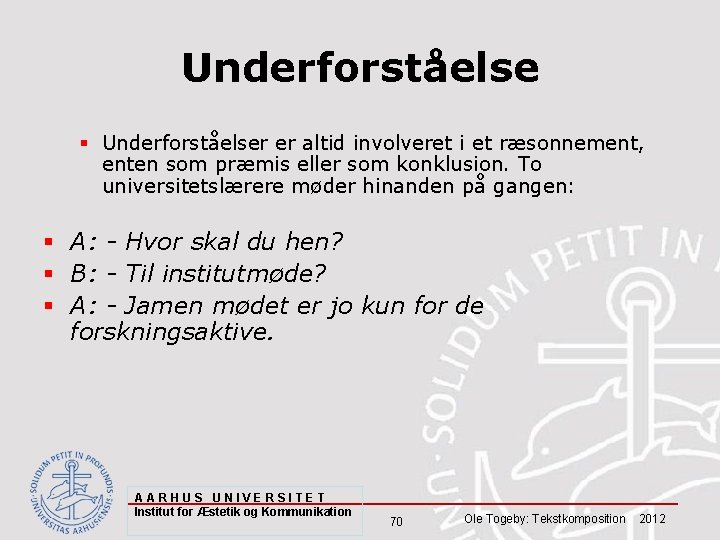 Underforståelse § Underforståelser er altid involveret i et ræsonnement, enten som præmis eller som